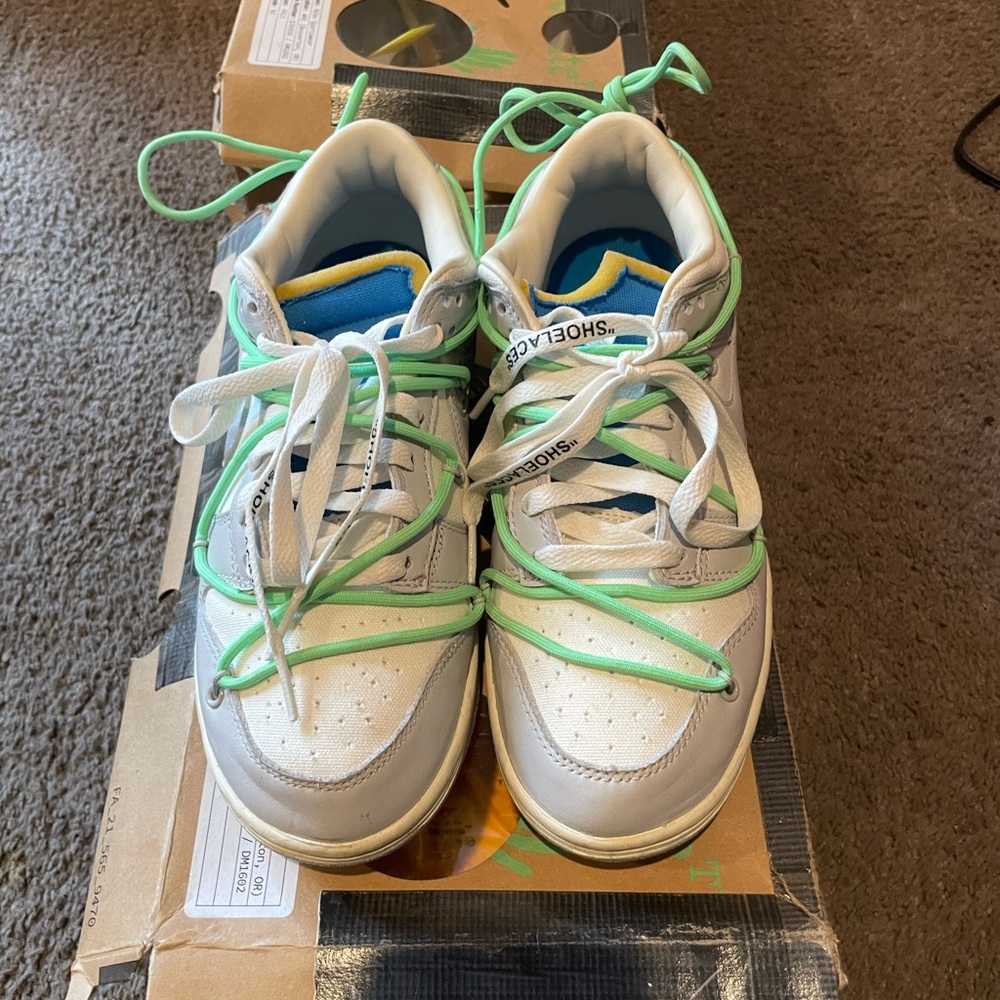 Off-White White and Green Sneakers with Leather and Synthetic Blend